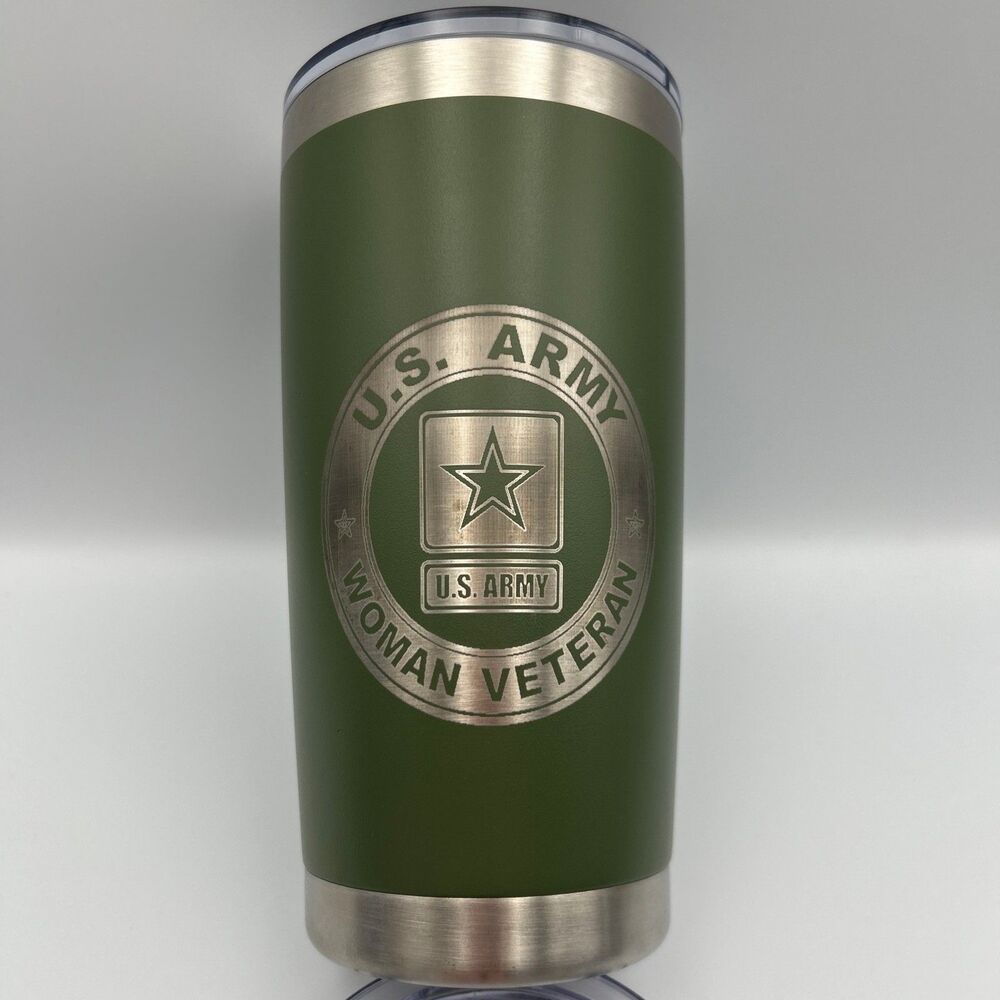 New Woman Army Veteran 16 oz Travel Mug Metal US Army Hot/Cold Drink Green
